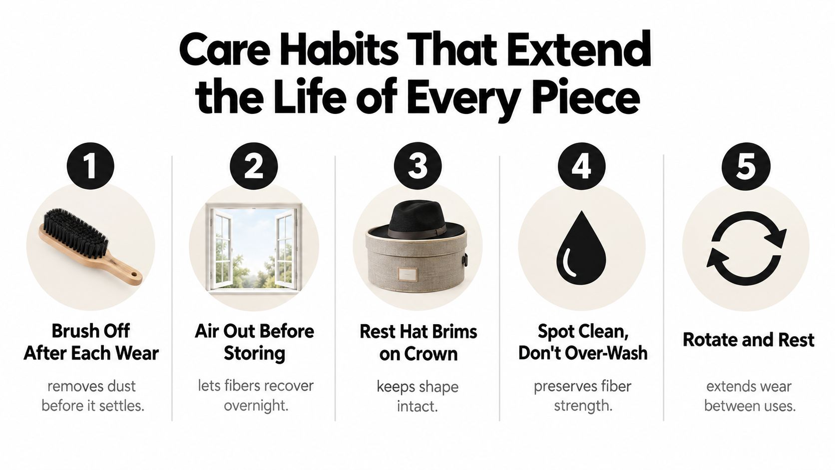 A list of five essential care habits for maintaining hats, including brushing, airing, and proper storage.