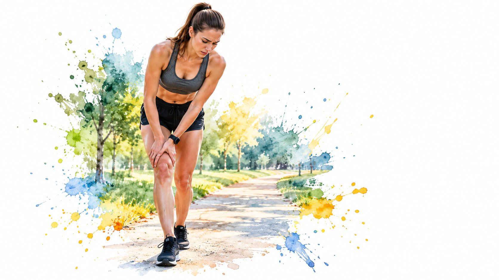 A female runner stopping on a path while experiencing pain in her knee during an outdoor workout.