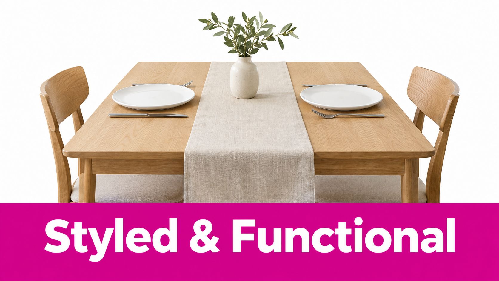 A modern wooden dining table set for two with a minimalist fabric table runner and white plates.