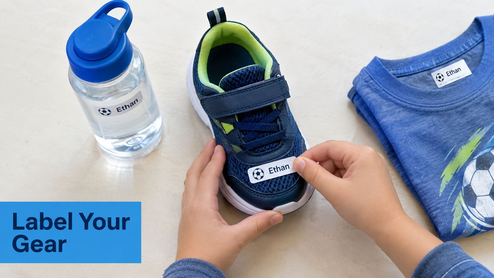 A child placing a personalized name label on a blue sneaker next to a water bottle.