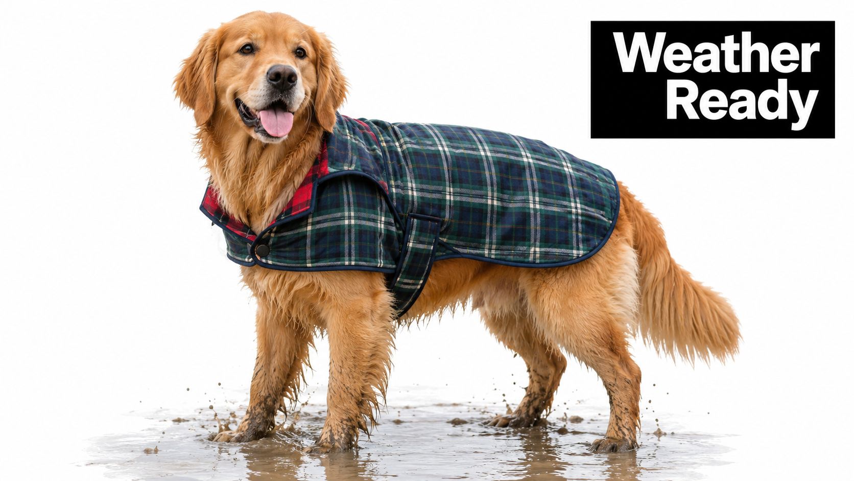 A golden retriever wearing a stylish green plaid dog coat, standing in a muddy puddle of water.