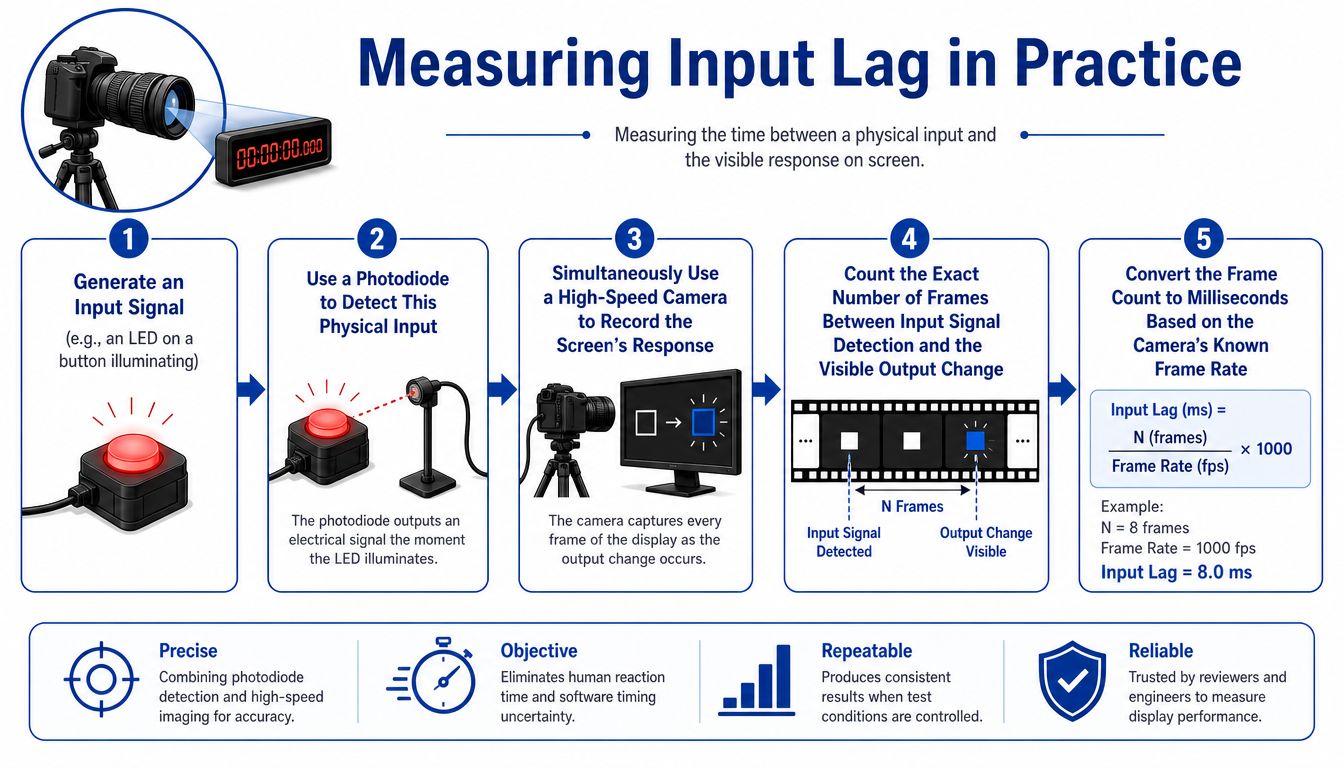 A five-step instructional diagram explaining the scientific process for accurately measuring display input lag using high-speed photography.