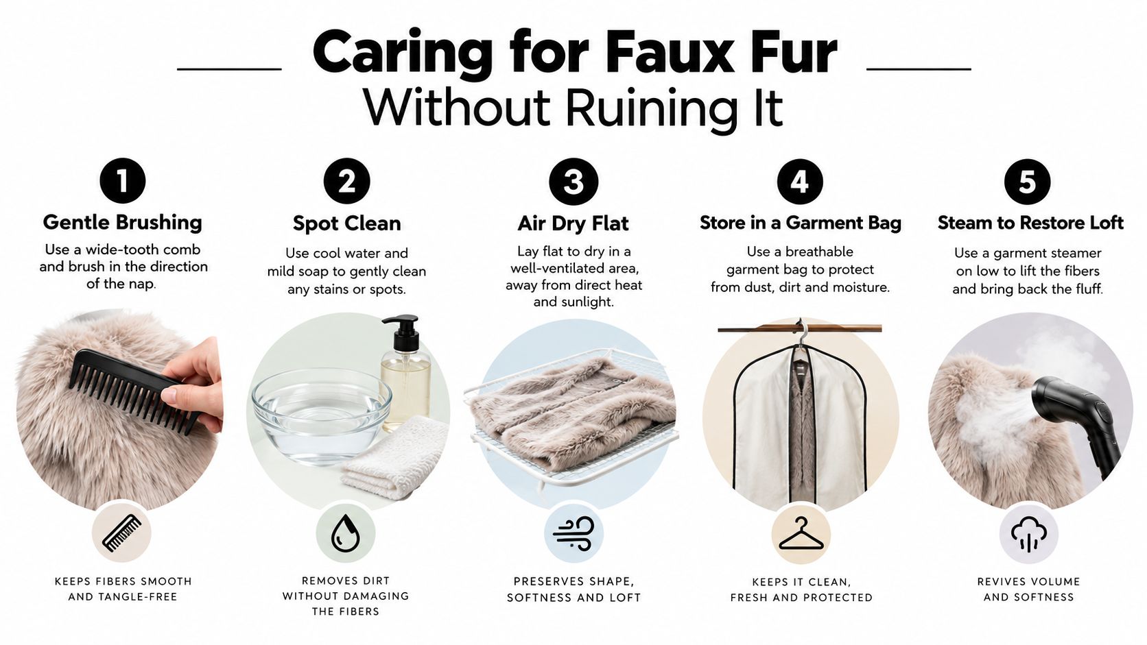 An infographic showing five steps for caring for faux fur, including brushing, cleaning, drying, storing, and steaming.