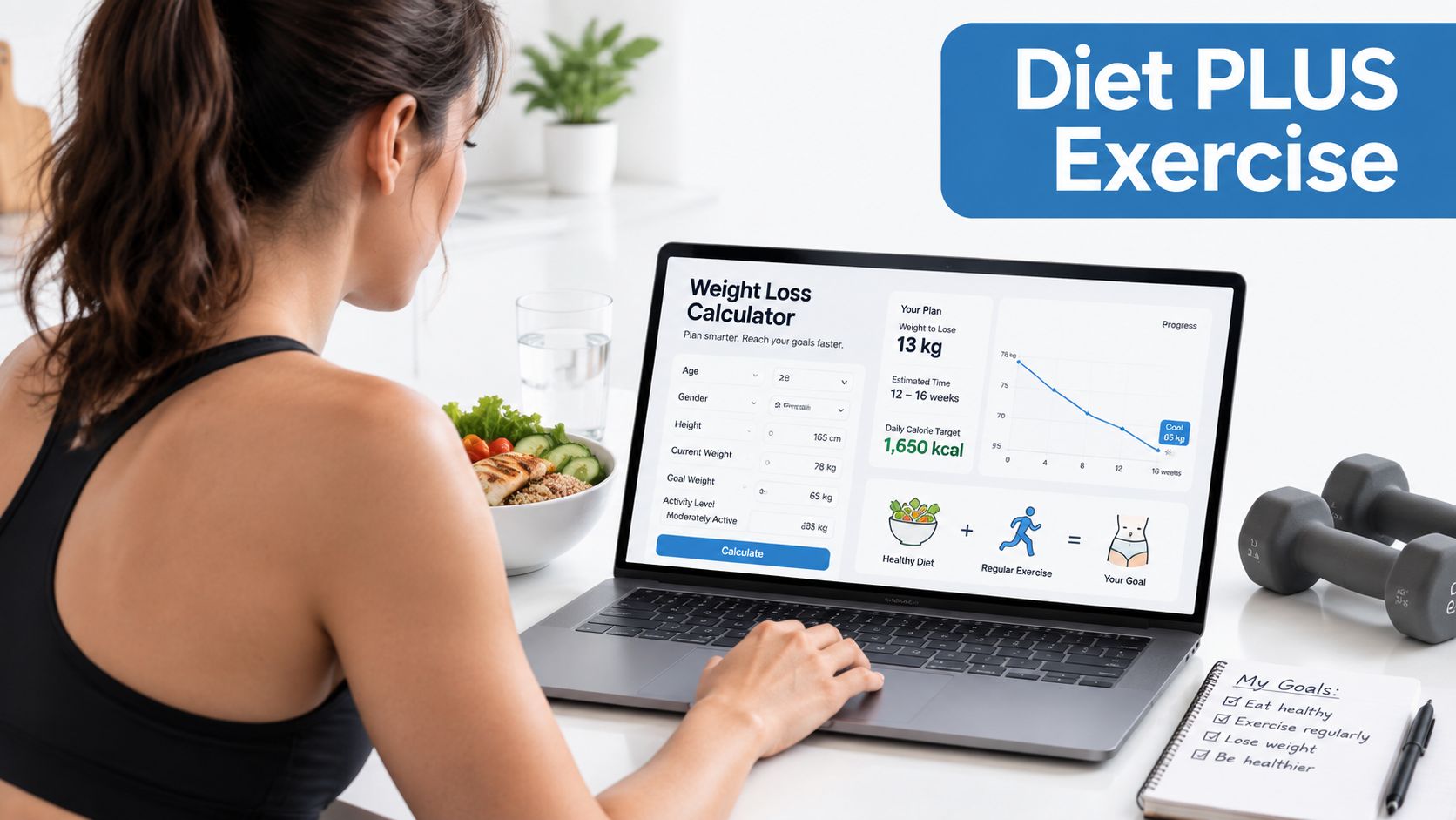 A woman using a laptop with a weight loss calculator app to plan her fitness and nutrition goals.