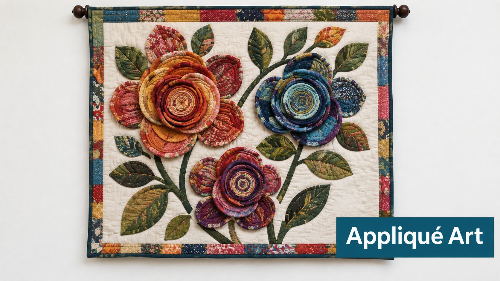 A fabric wall hanging featuring three dimensional fabric rosettes with leaves on a quilted off-white background.