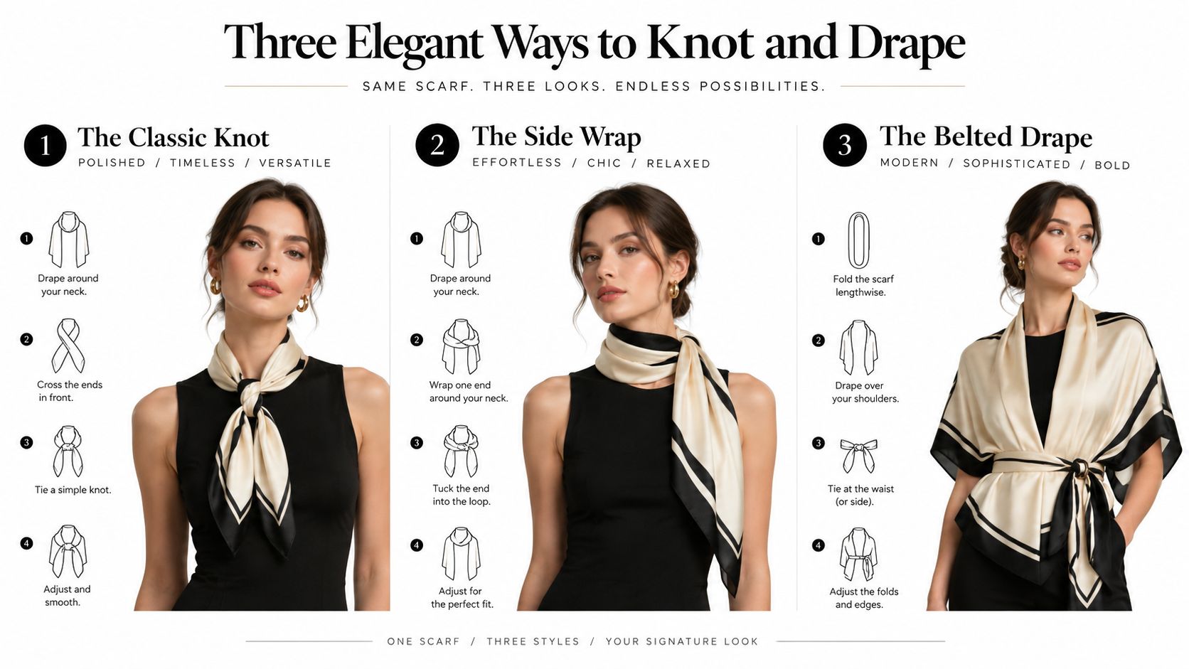 A step-by-step fashion guide showing three elegant ways to knot and drape a silk scarf.