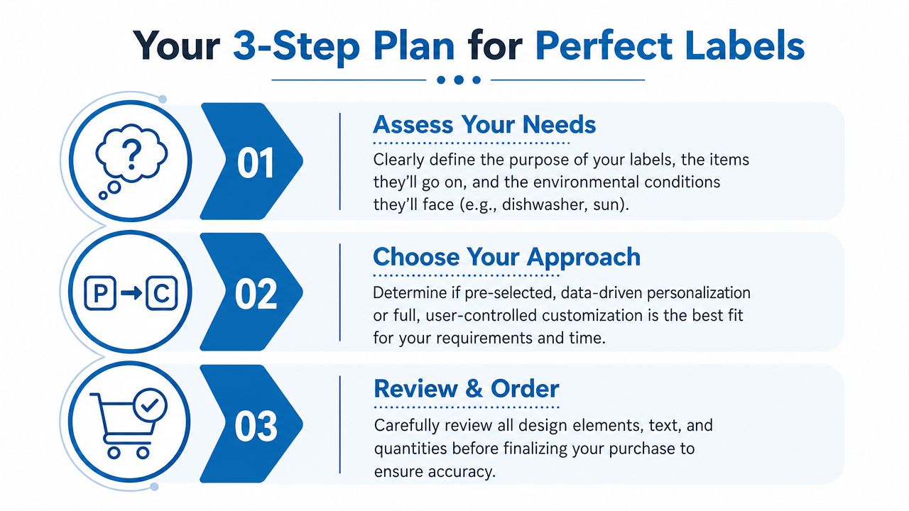 A three-step infographic titled Your 3-Step Plan for Perfect Labels, showing assessment, approach selection, and ordering steps.