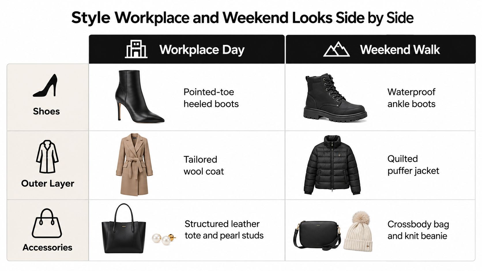 A comparison chart showing fashion items for workplace outfits versus casual weekend walk clothing and accessories.