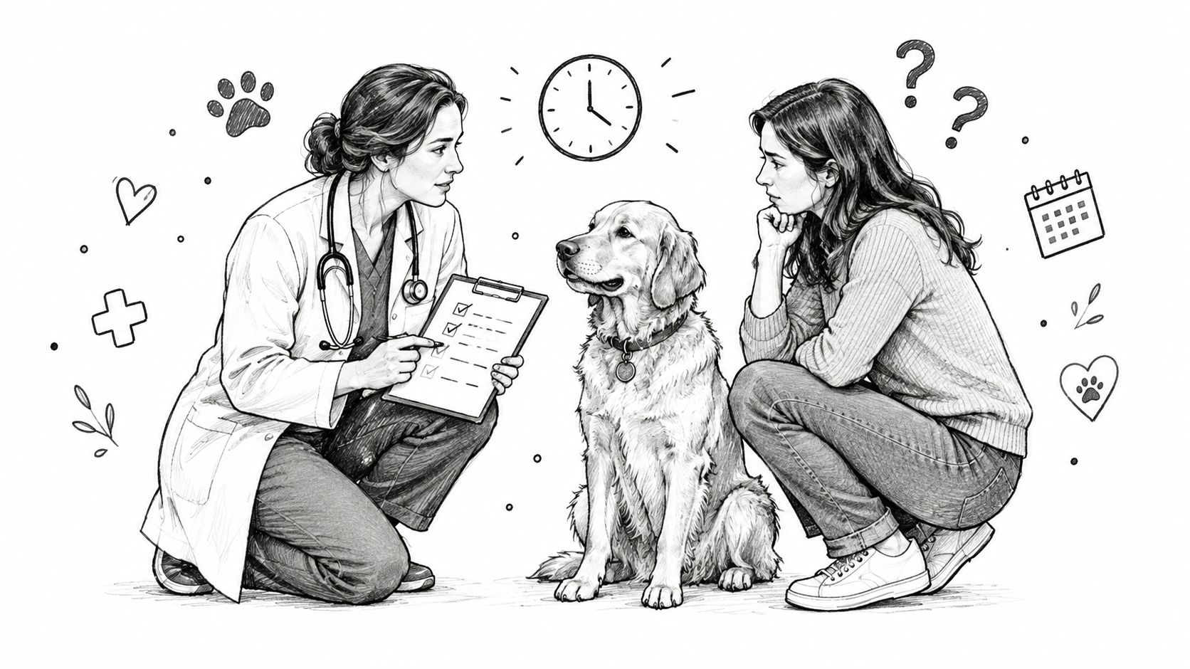 A veterinarian discussing pet health with a concerned dog owner while examining a golden retriever puppy.