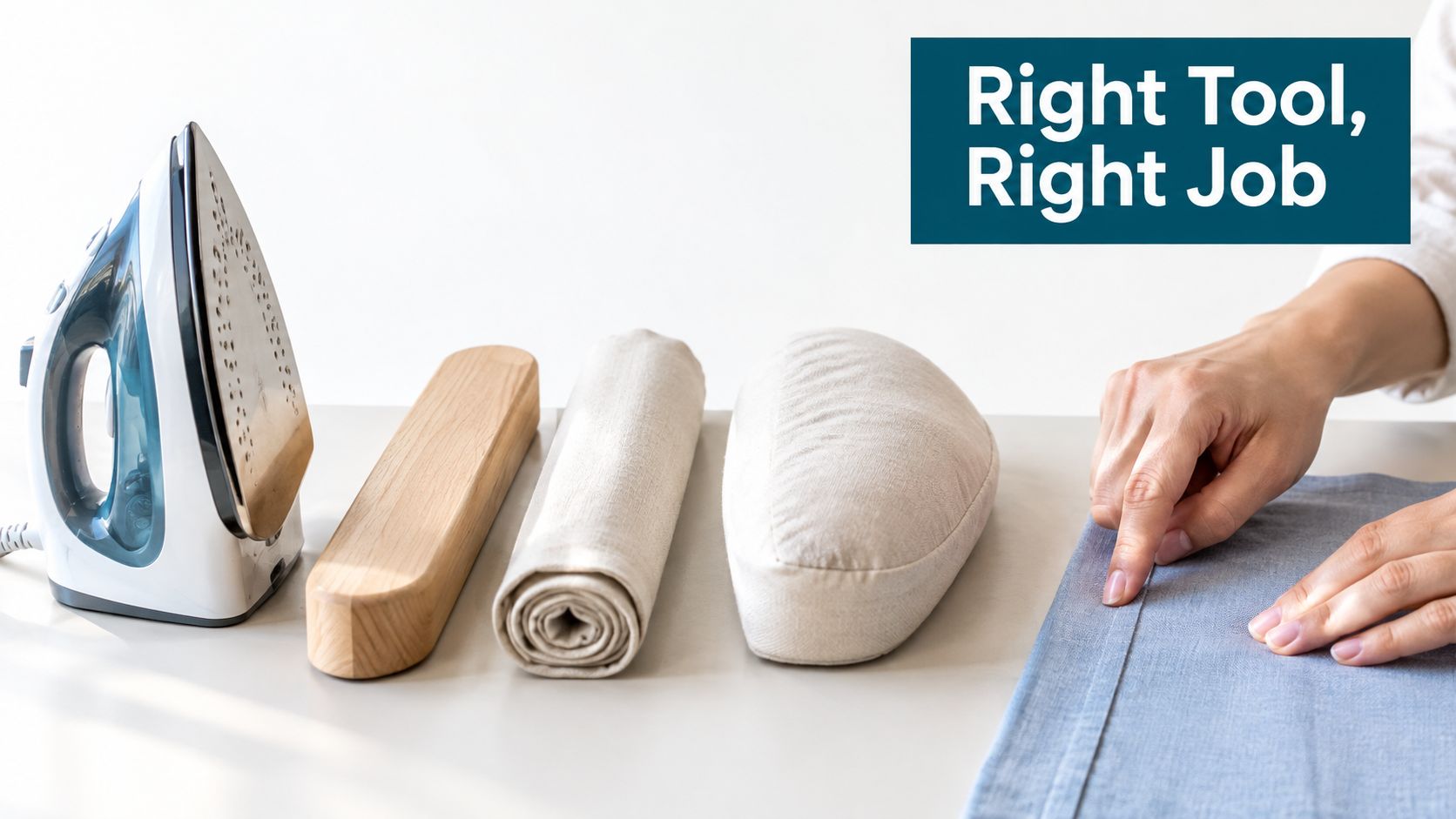 A person uses a wooden clapper for sewing, placed on a table next to an iron and press cushions.