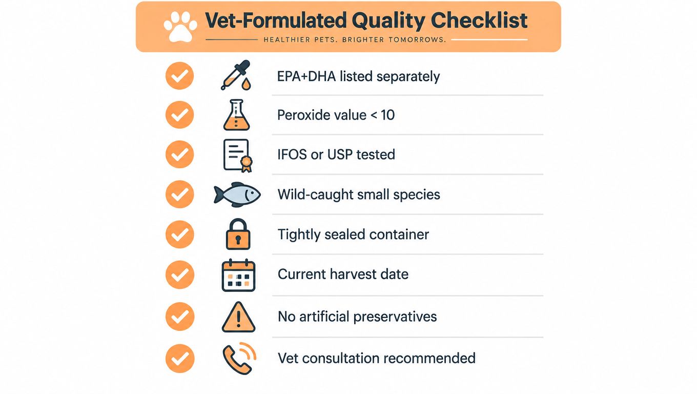 A checklist illustrating quality standards for vet-formulated pet fish oil supplements including purity and testing.