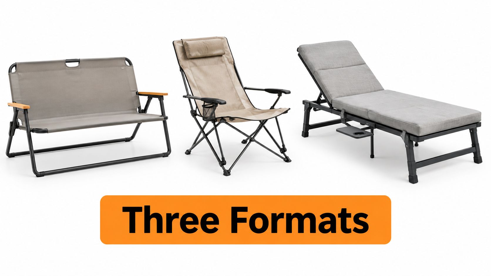 Three different types of outdoor furniture including a loveseat, a folding camping chair, and a lounge chair.