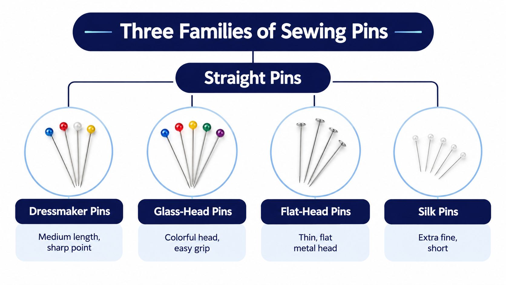 A diagram displaying four types of straight sewing pins labeled as dressmaker, glass-head, flat-head, and silk pins.