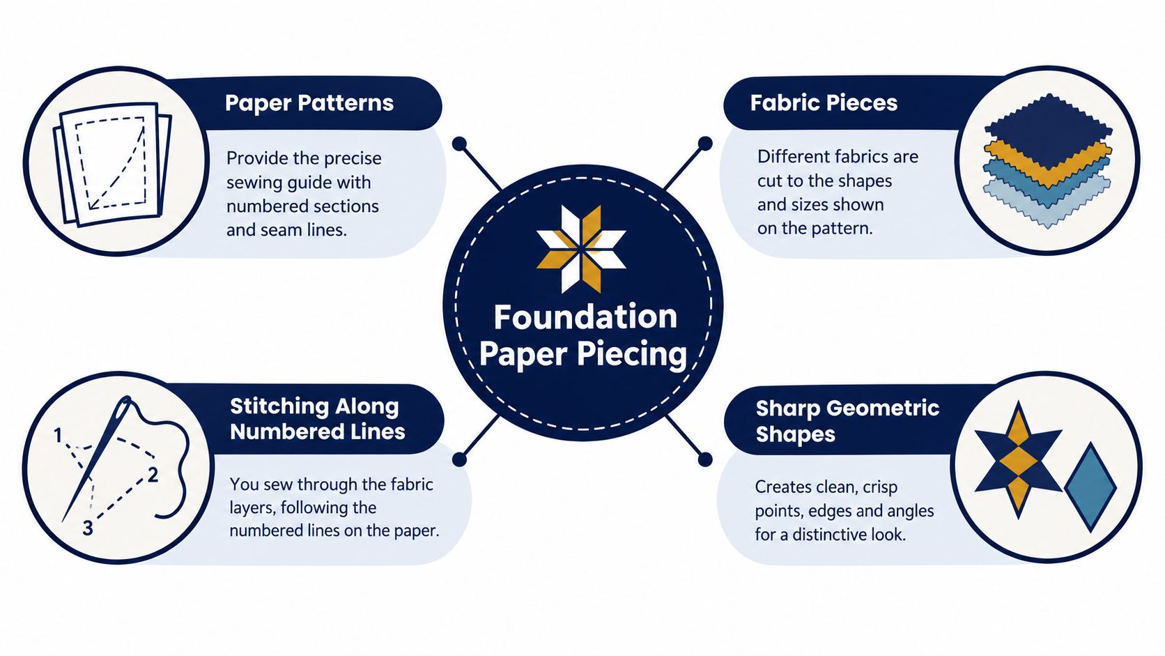 A diagram explaining Foundation Paper Piecing, detailing steps like paper patterns, fabric pieces, stitching, and geometric results.