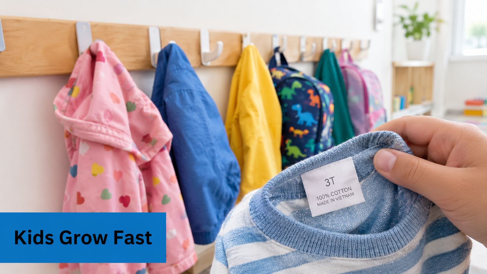 A person holding up a striped shirt showing the 3T size label in front of hanging children's jackets.