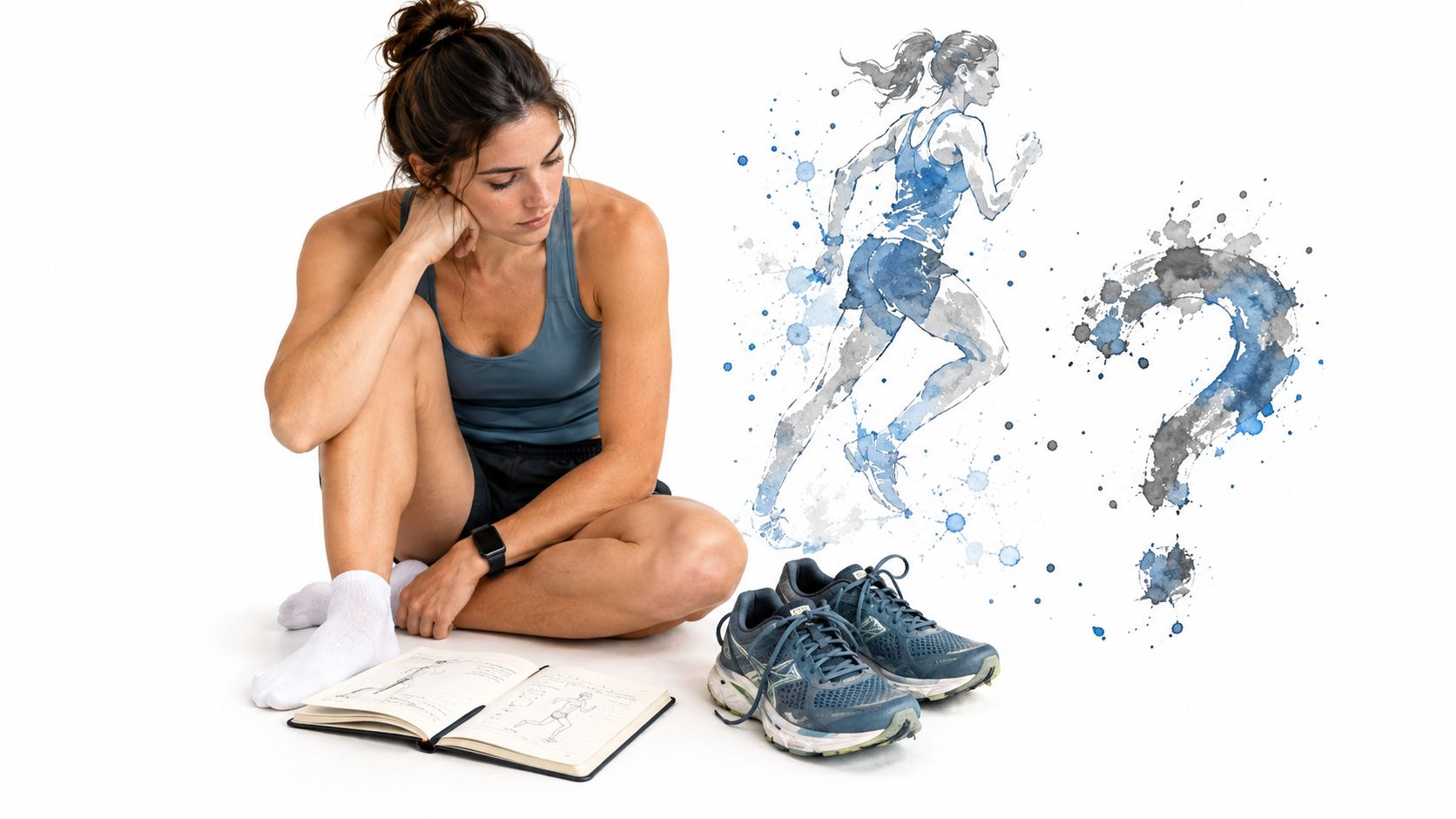 A woman sits on the floor with a notebook and running shoes, contemplating her running goals.