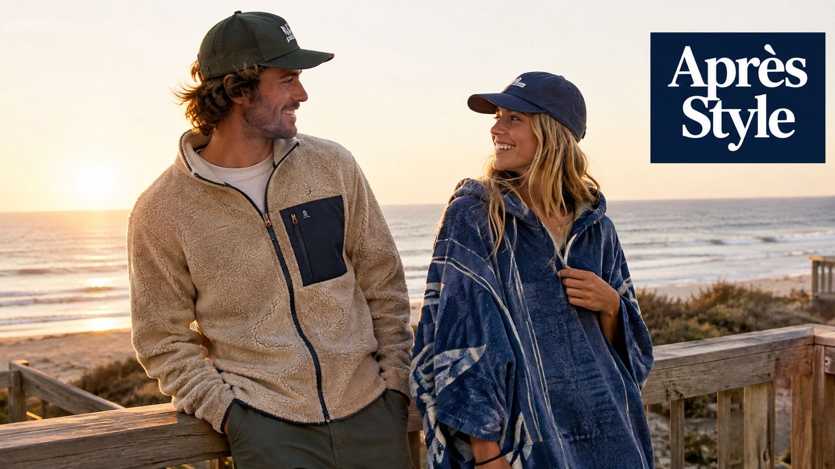 A happy couple standing on a beach deck at sunset wearing casual 6 panel hats and loungewear.