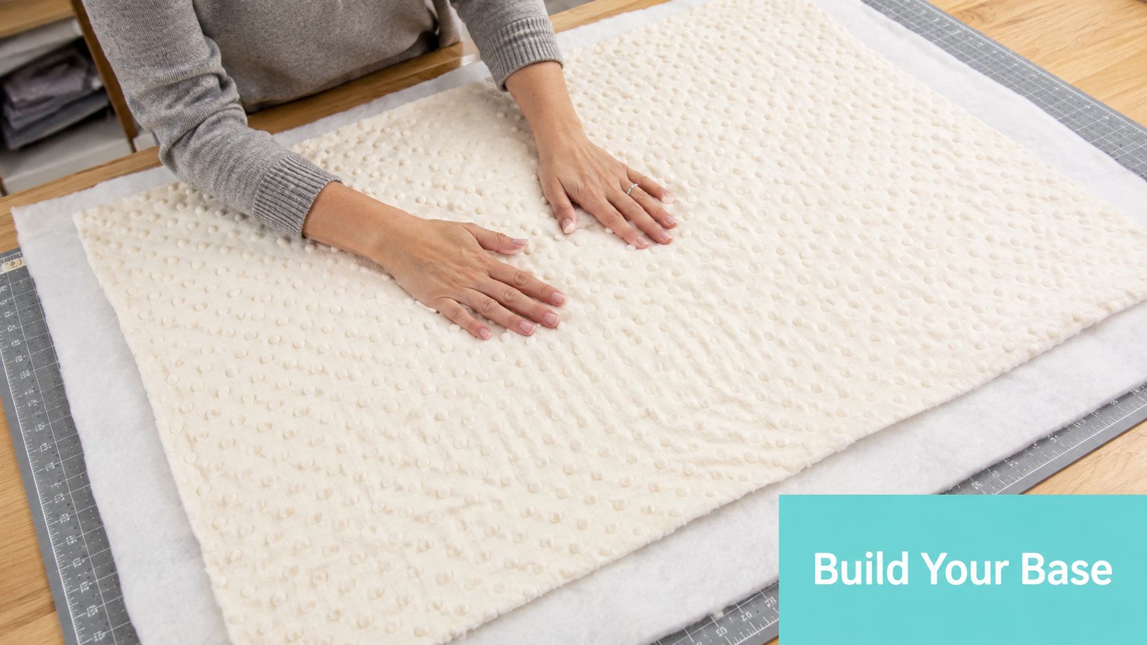 A person placing fabric on a white batting layer on a cutting mat to build a base.