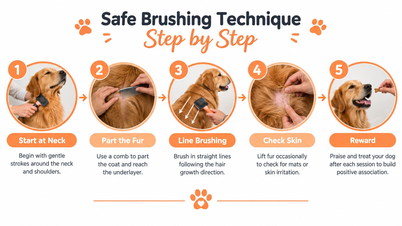 A five-step instructional guide on the safe brushing technique for a double-coated dog using a slicker brush.