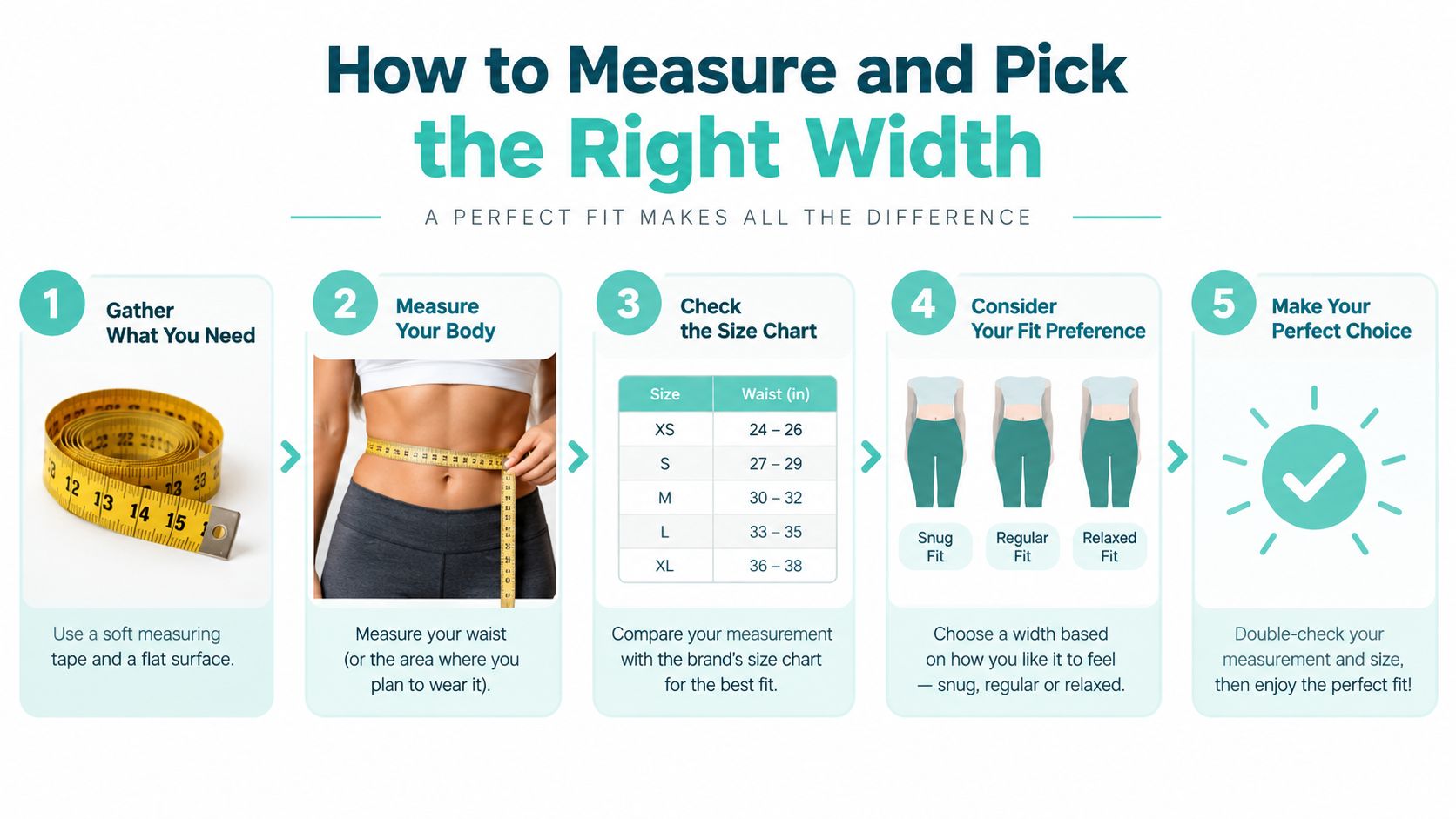 An infographic showing a five-step guide on how to measure your waist and choose the right fit.