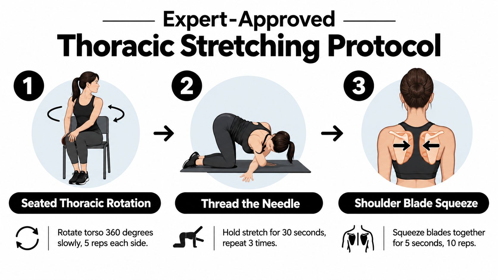 An infographic showing three expert-approved thoracic stretching exercises for improving upper back mobility and posture.