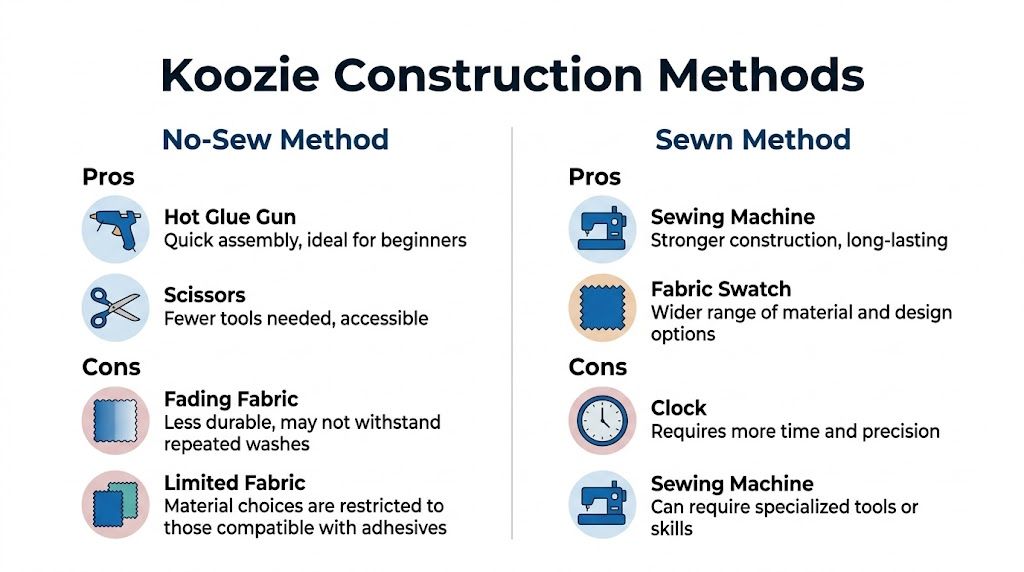A comparison chart showing the pros and cons of no-sew versus sewn methods for making koozies.