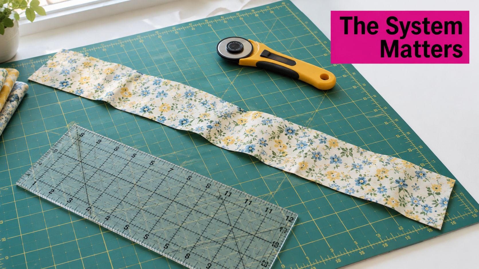 A floral fabric strip, a rotary cutter, and a quilting ruler placed on a green cutting mat.