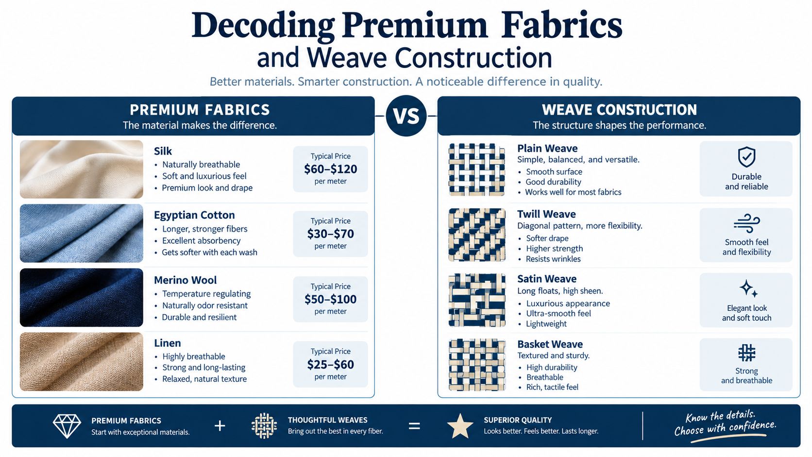 An infographic titled Decoding Premium Fabrics and Weave Construction comparing various fabric materials and weave types.