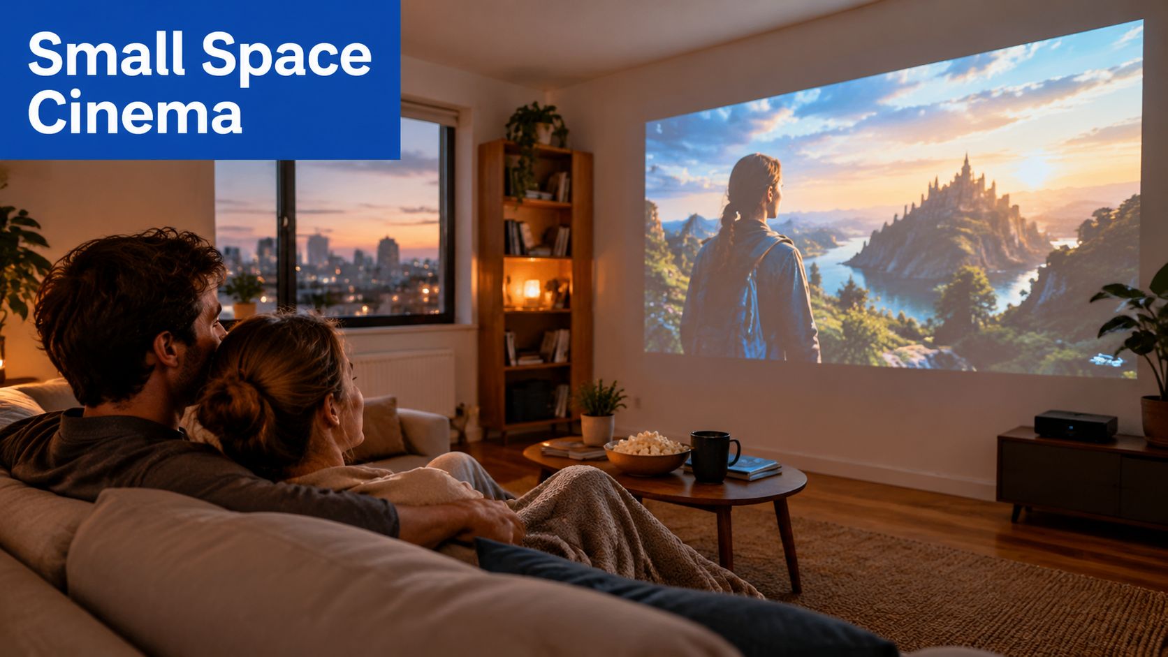 A couple sits on a couch in a cozy living room watching a large projected cinematic movie.