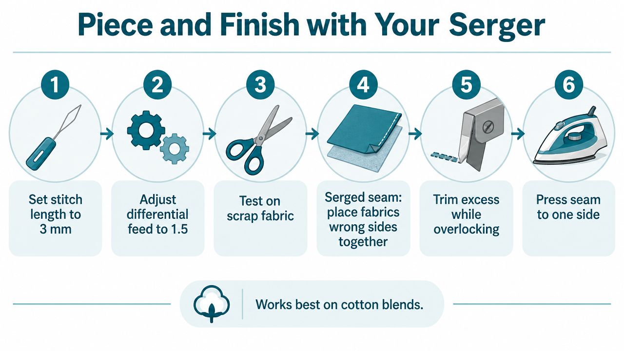 A six-step instructional infographic showing how to piece and finish quilt fabric seams with a serger.