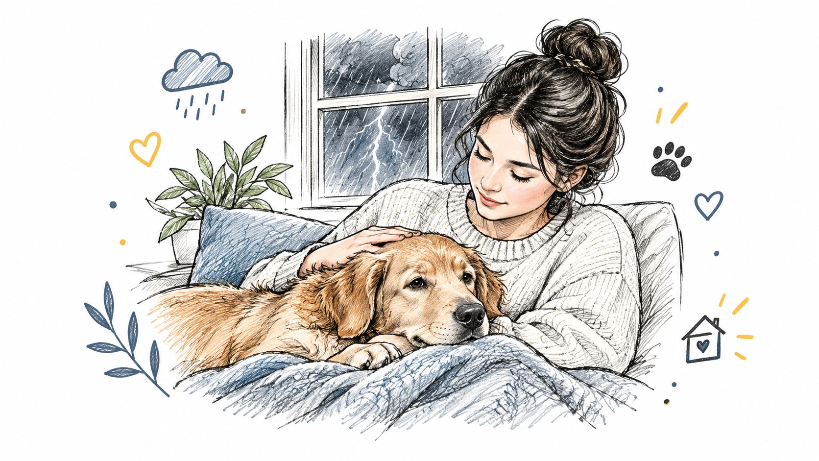 A woman cuddling a golden retriever dog inside during a stormy night, showing comfort and companionship.