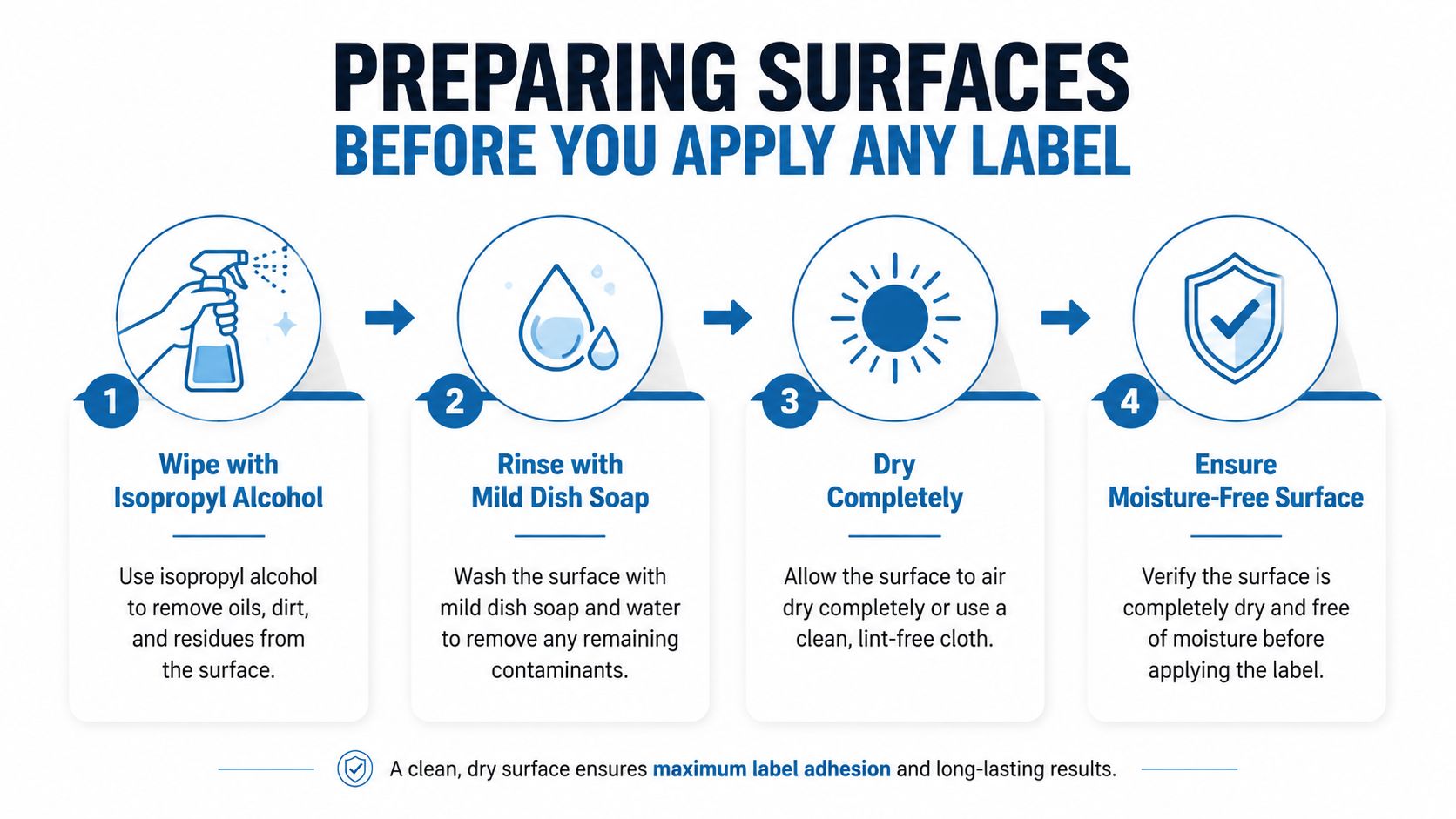 A four-step infographic illustrating how to properly clean and prepare a surface before applying a label.