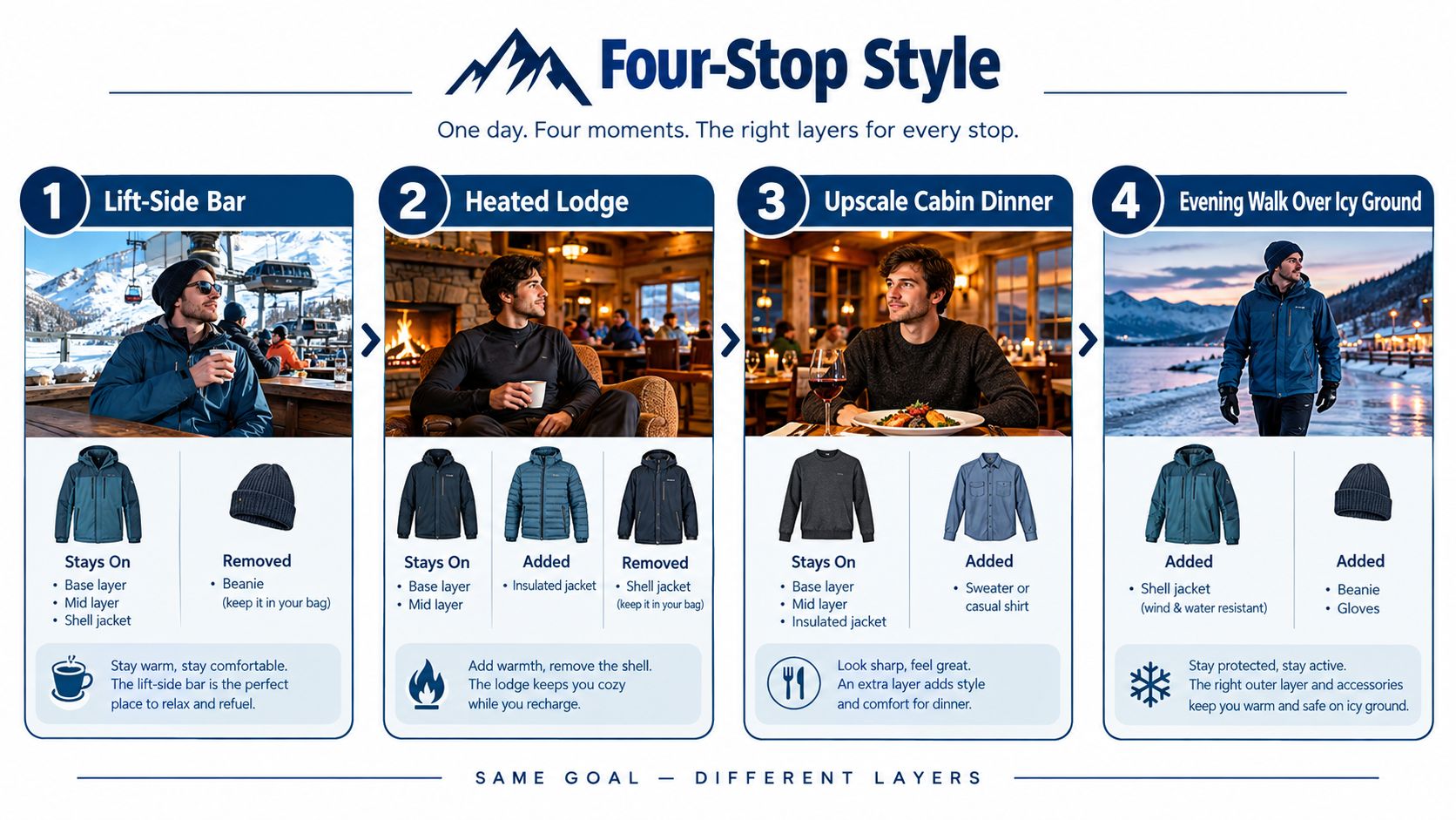 An infographic showing four-stop style advice for men during an apres ski trip with clothing layering tips.