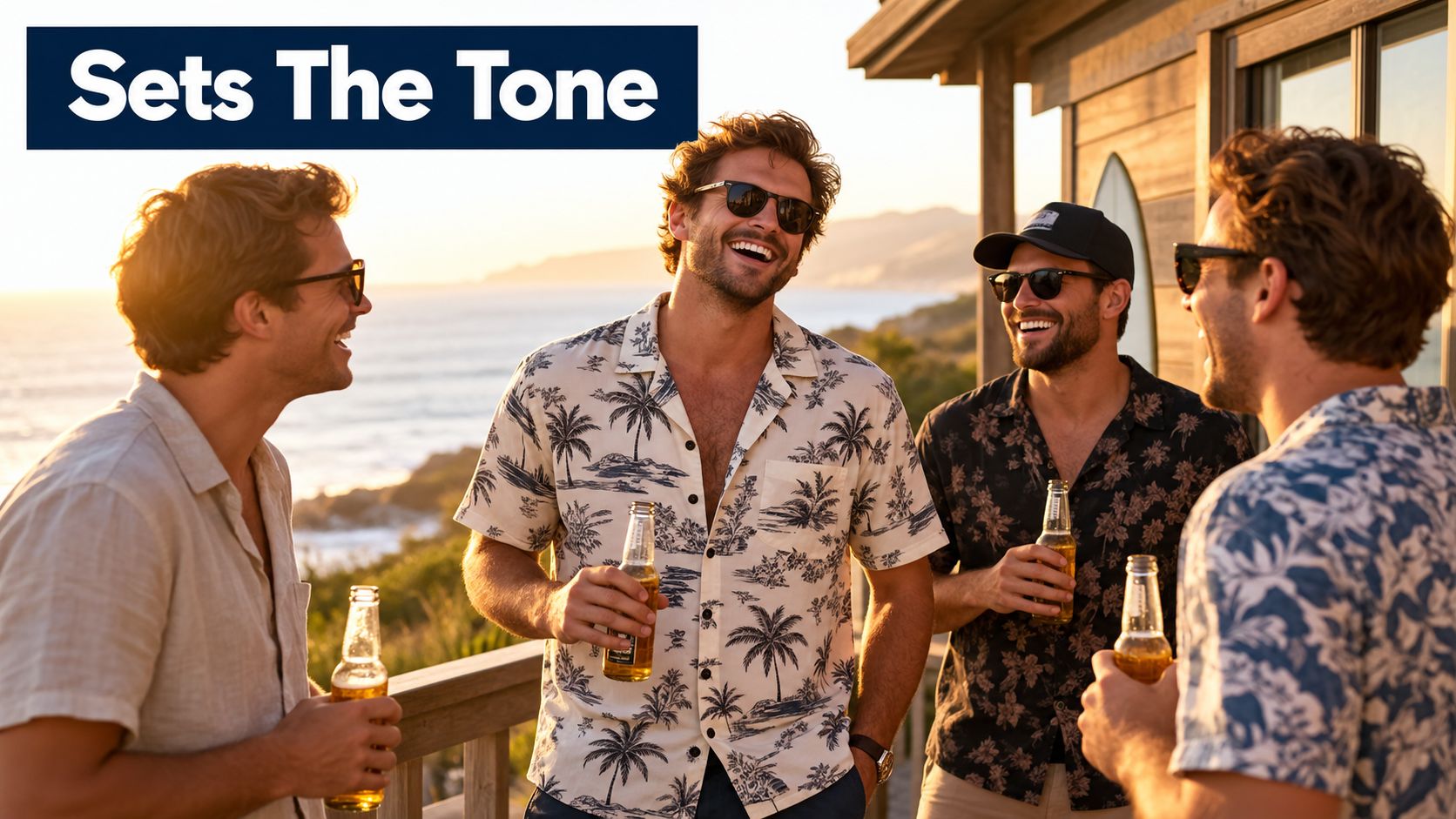 A group of happy men laughing and drinking beer on a wooden balcony at sunset.