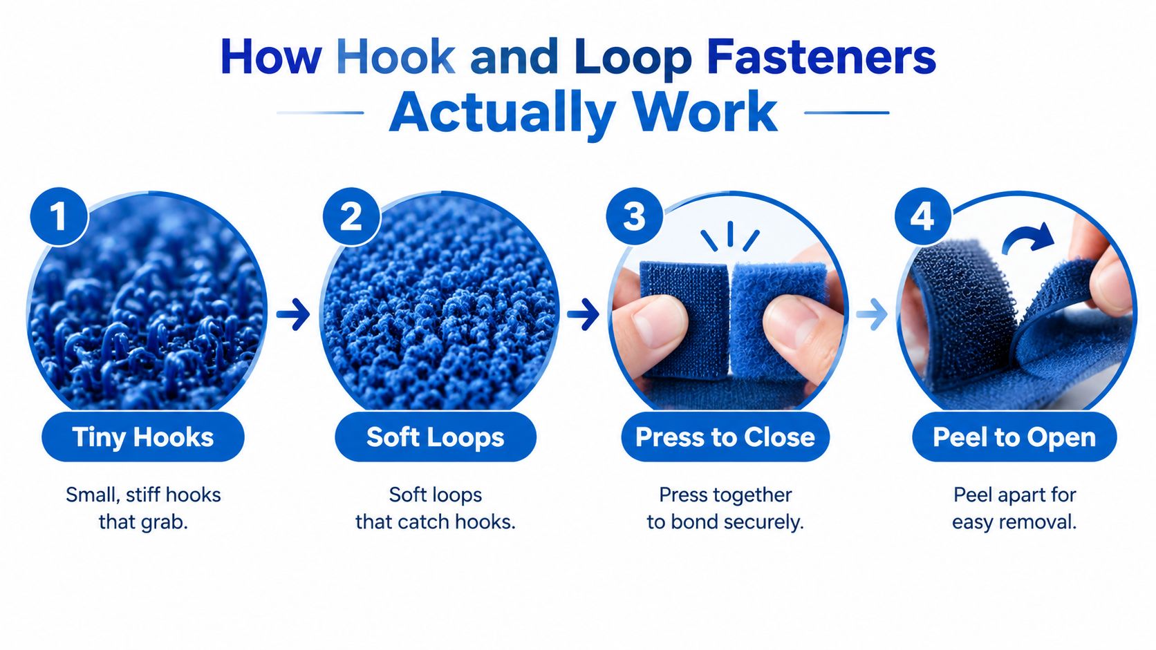 A four-step infographic illustrating how hook and loop fasteners work by engaging hooks into soft loops.
