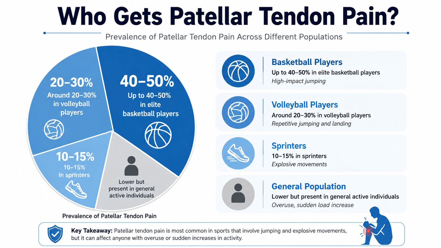 An infographic showing the prevalence of patellar tendon pain among athletes and the general active population.