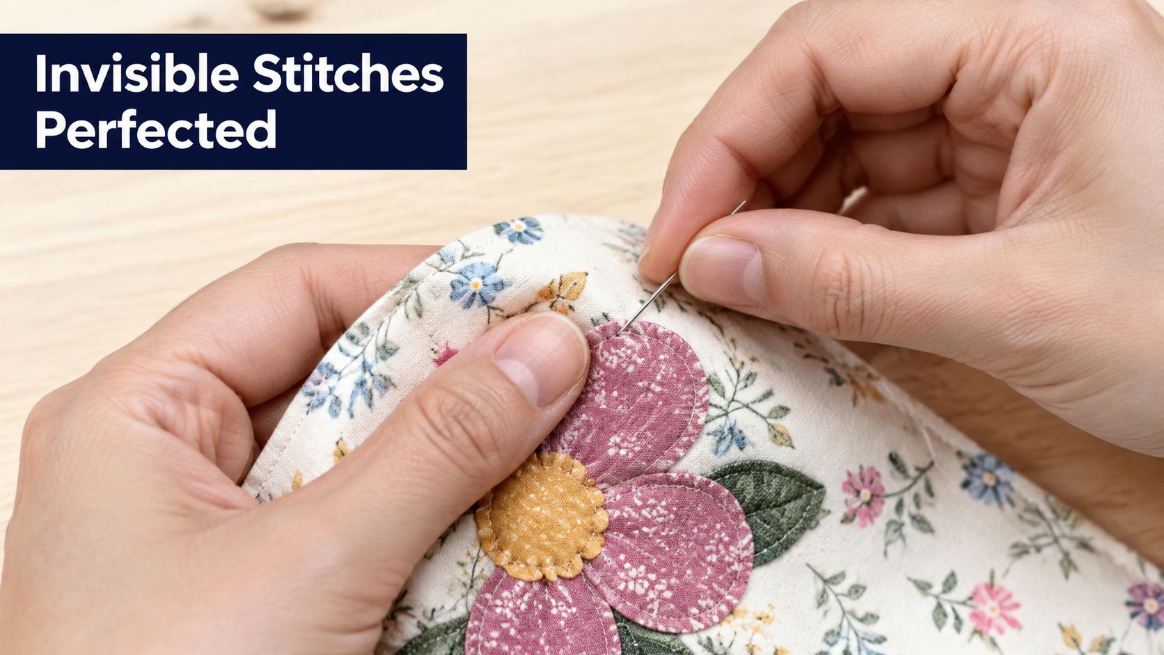 A close-up view of hands performing needlework on floral fabric, demonstrating the delicate craft of quilting.