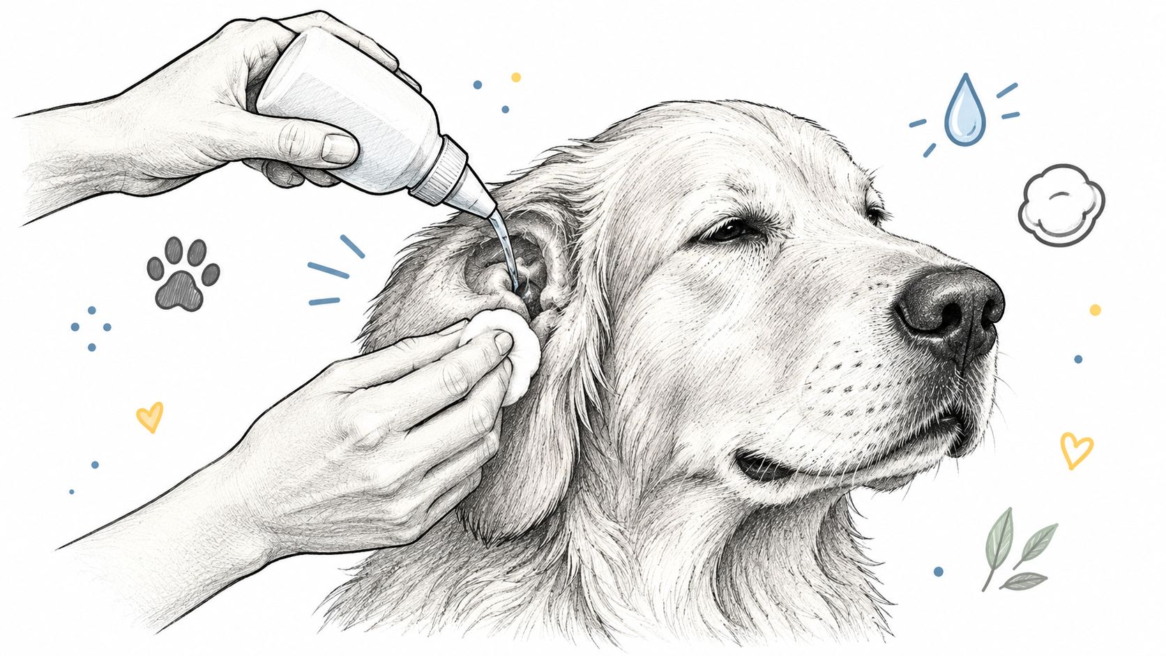 A close-up drawing of a person cleaning a dog's ear with ear solution and a cotton pad.