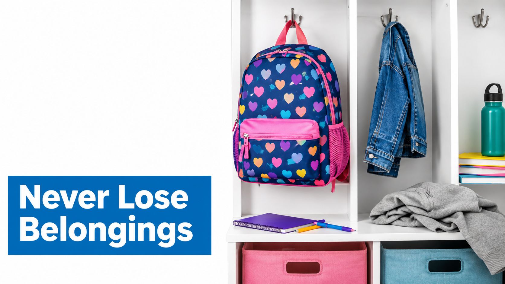 A organized white entryway locker containing a heart-patterned backpack, denim jacket, school supplies, and storage bins.