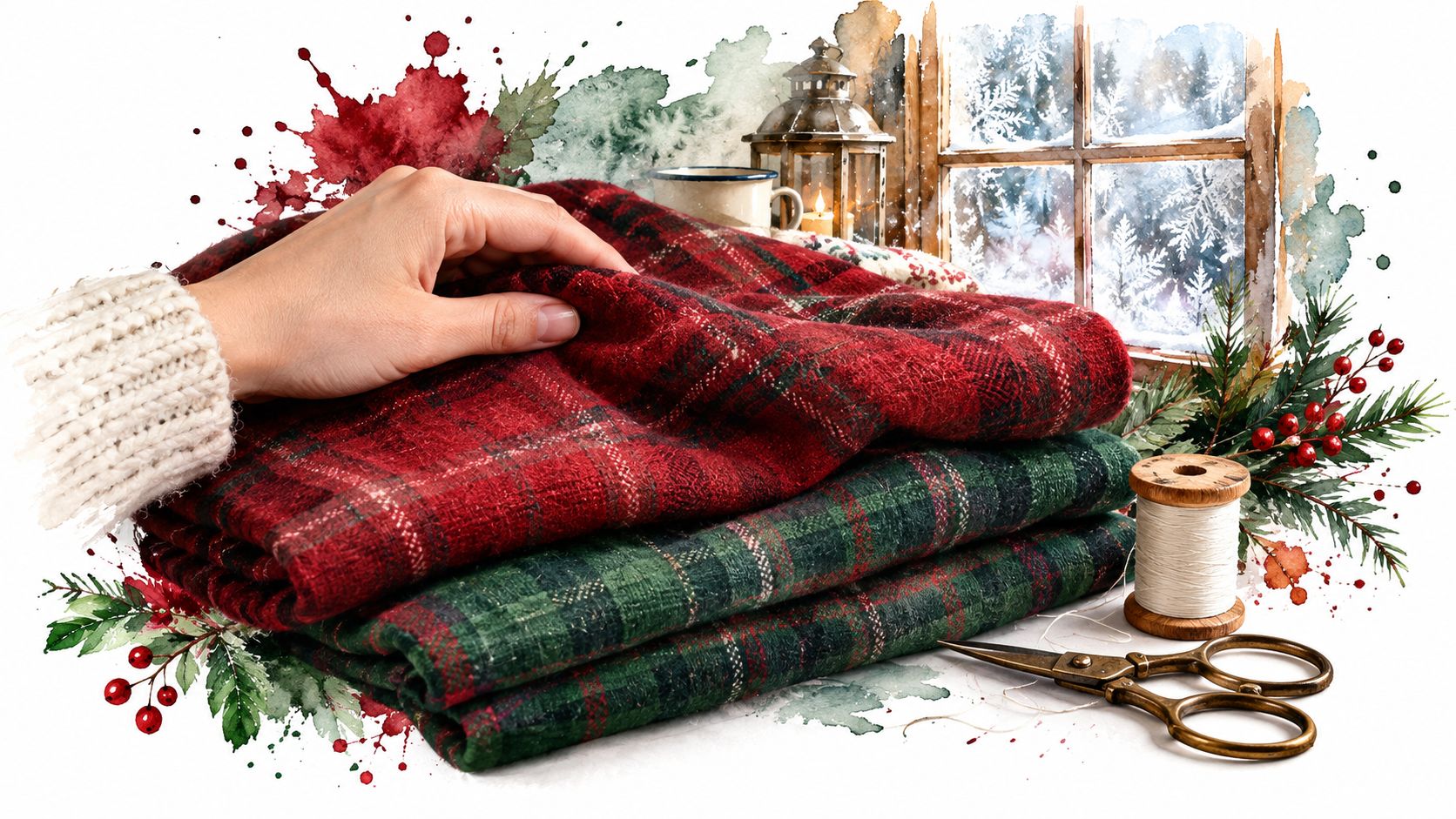 A hand touching soft, folded red and green holiday flannel fabric near sewing scissors and decorations.