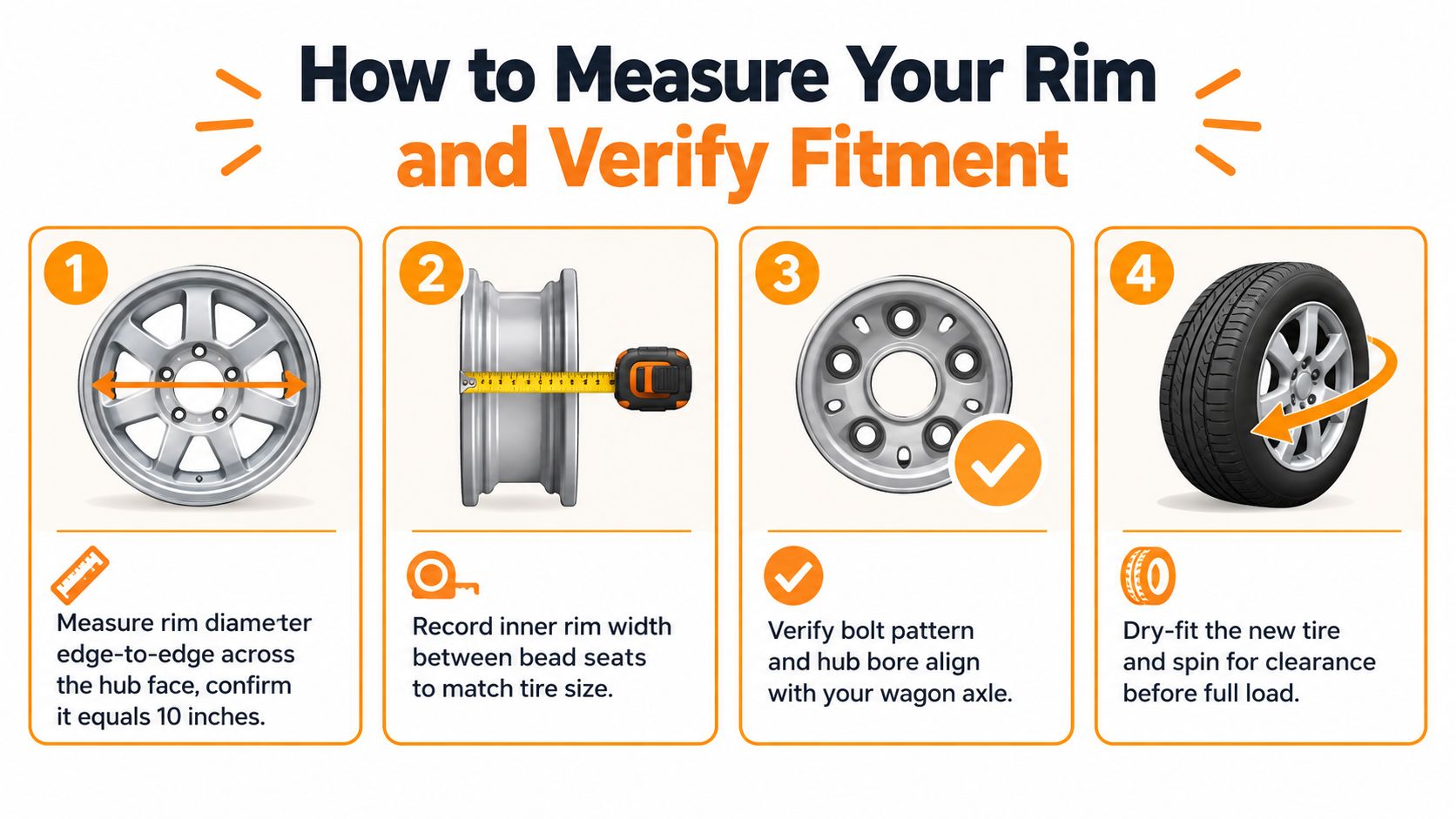 An instructional graphic showing four steps on how to measure a rim and verify wheel fitment.