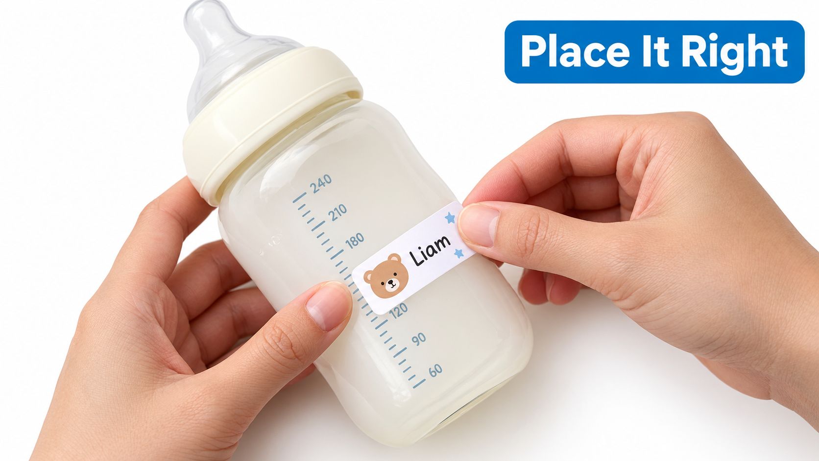 A person applying a custom name label with a bear illustration to a baby feeding bottle.