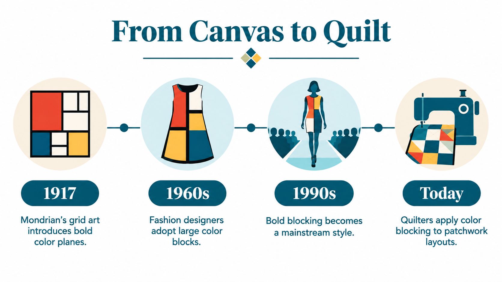 A timeline graphic showing the evolution of bold color blocking from 1917 art to modern quilting.