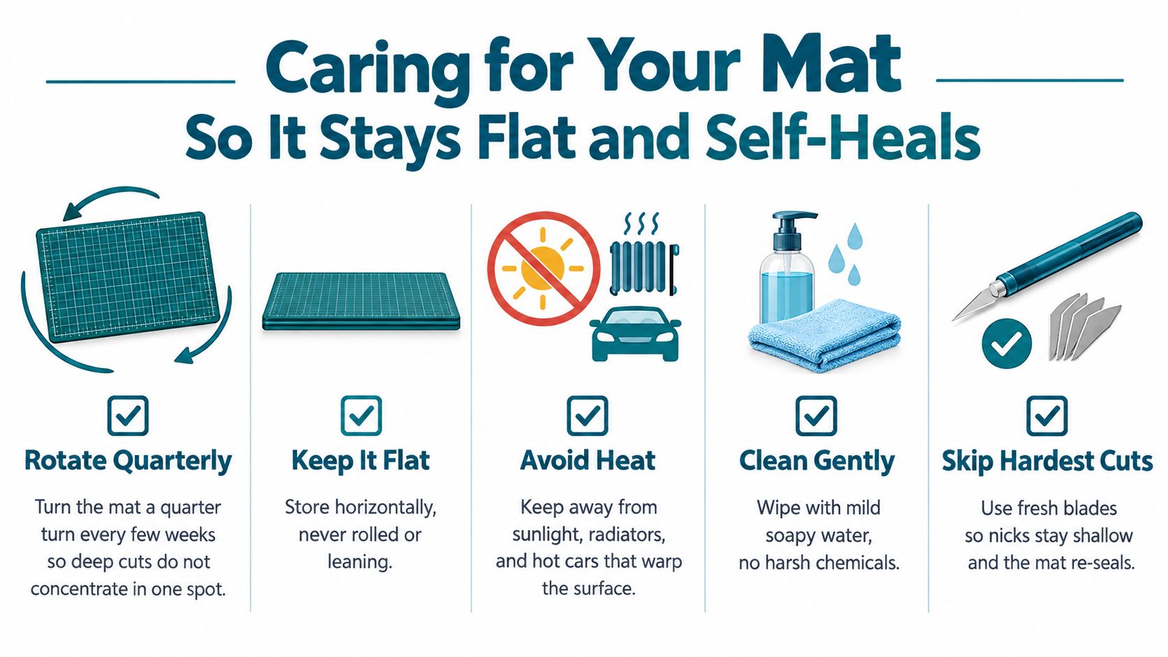 An infographic titled Caring for Your Mat illustrating five essential tips for maintaining a cutting mat.