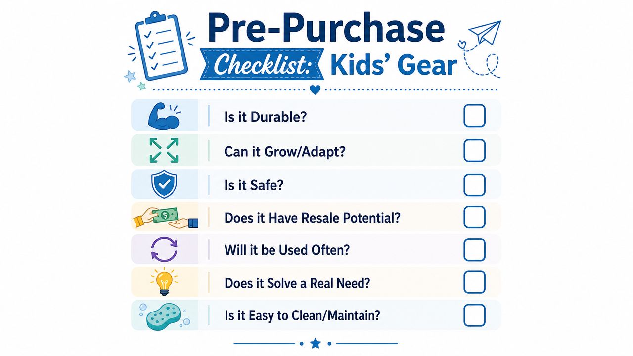 A checklist infographic titled Pre-Purchase Checklist for Kids Gear with seven important considerations for parents.