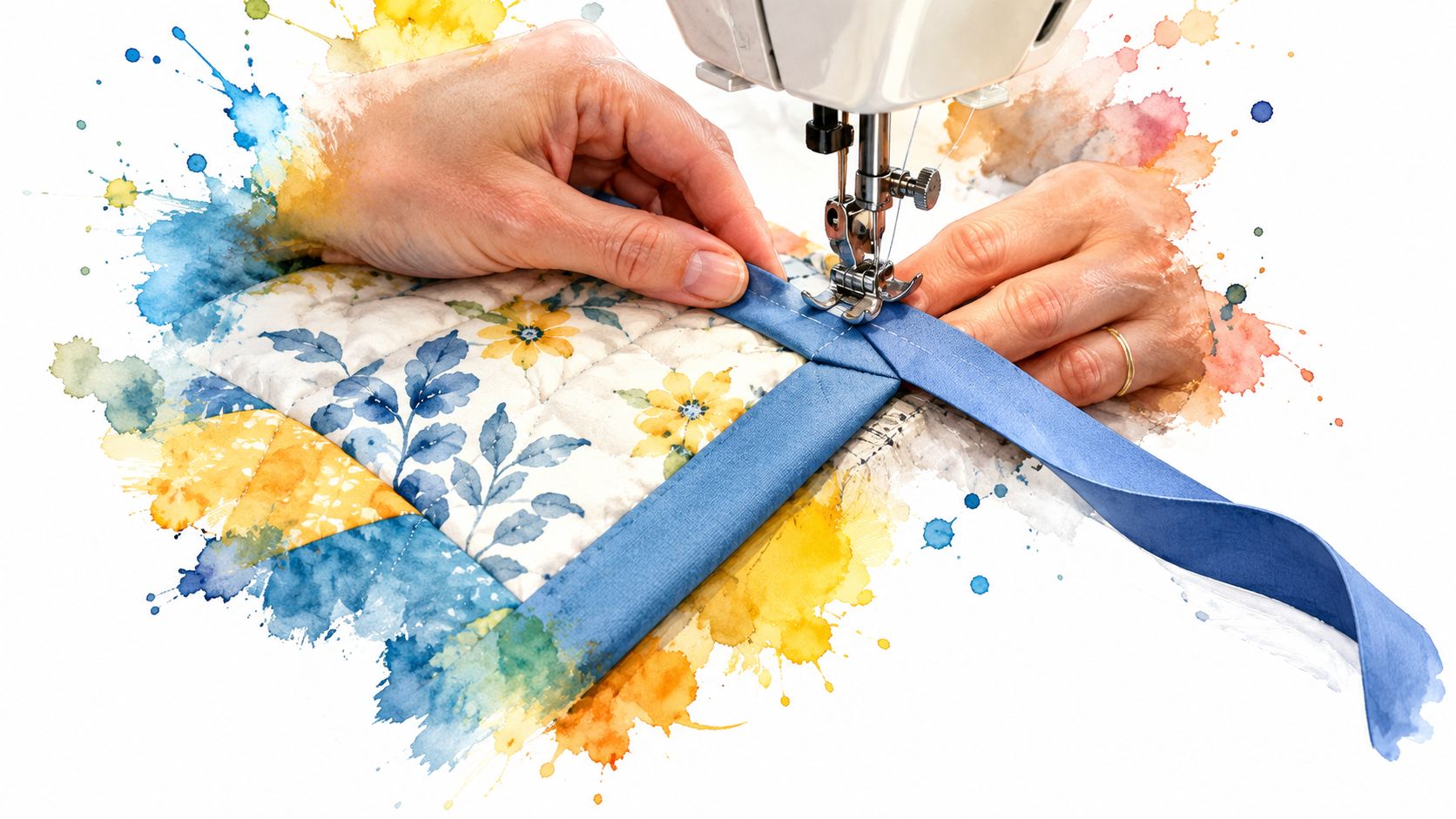 A quilter attaches blue binding tape to the edge of a floral quilted fabric using a sewing machine.