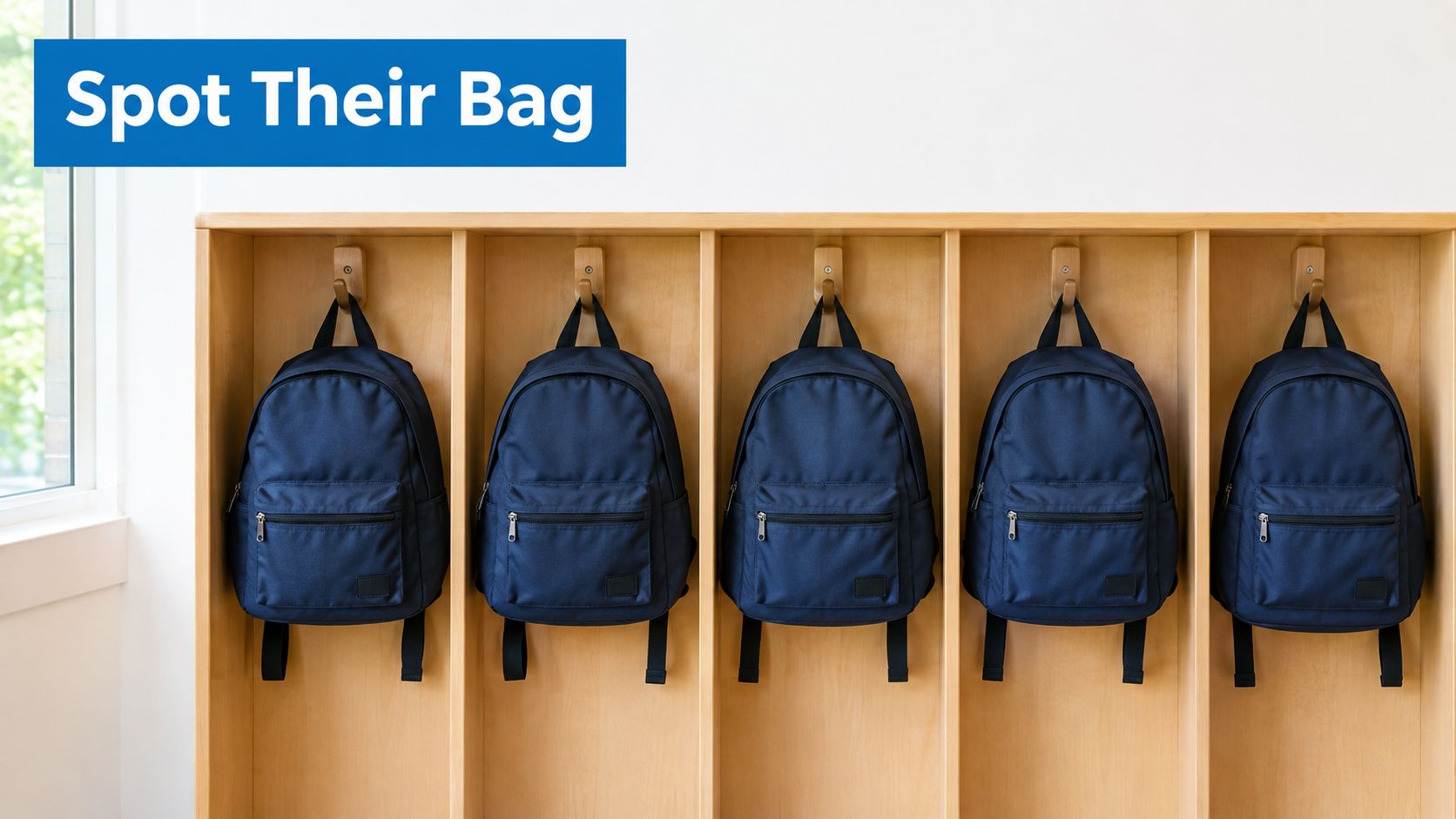 Five identical blue school backpacks hanging in a row on wooden hooks inside wooden cubbies.