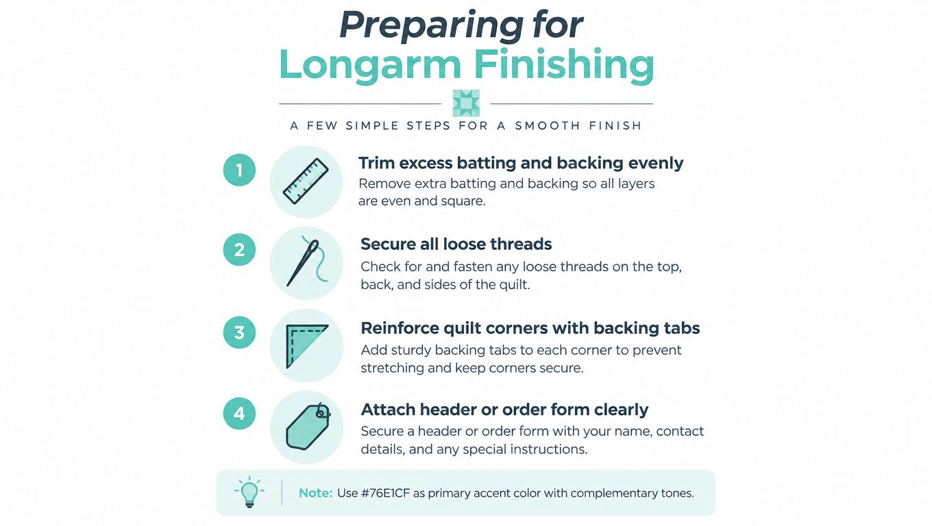 An instructional infographic titled Preparing for Longarm Finishing with four numbered steps for quilt preparation.