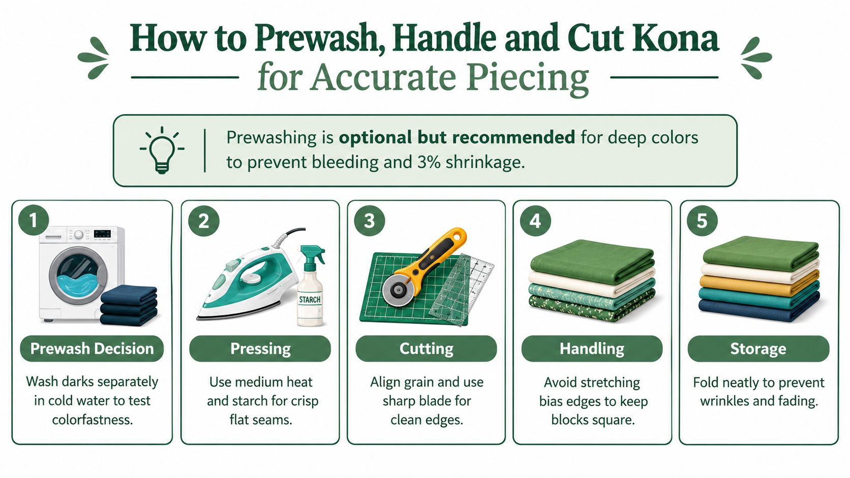 An infographic titled How to Prewash, Handle and Cut Kona for Accurate Piecing detailing fabric care steps.
