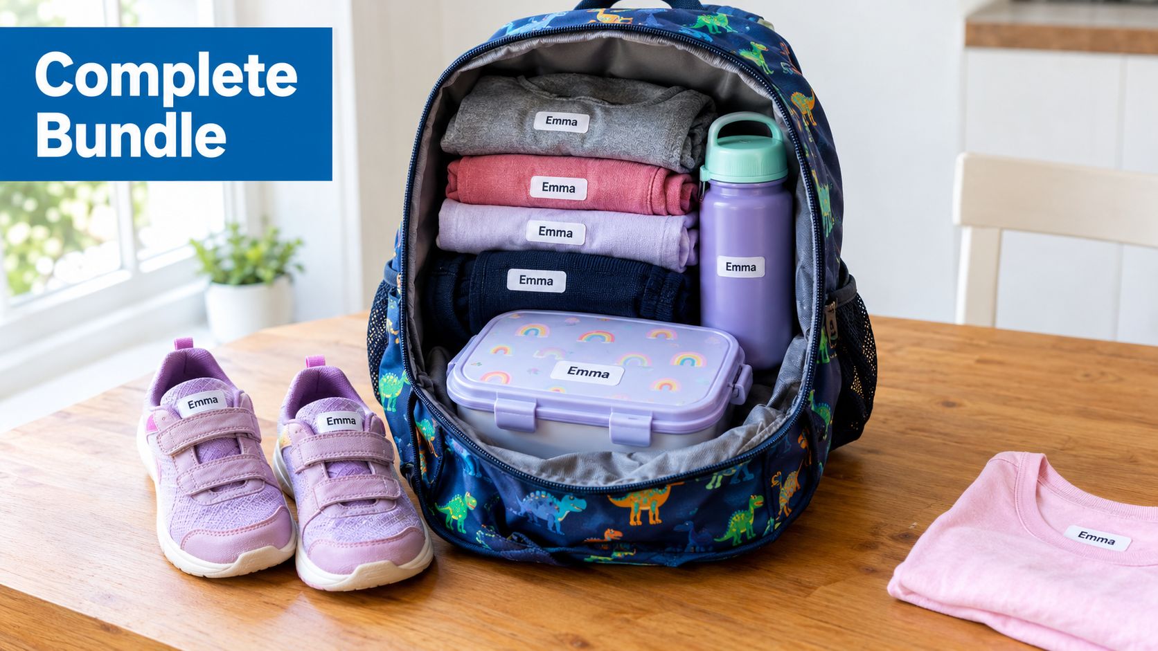 A school backpack filled with clothes and lunchbox, alongside shoes, all personalized with custom name labels.